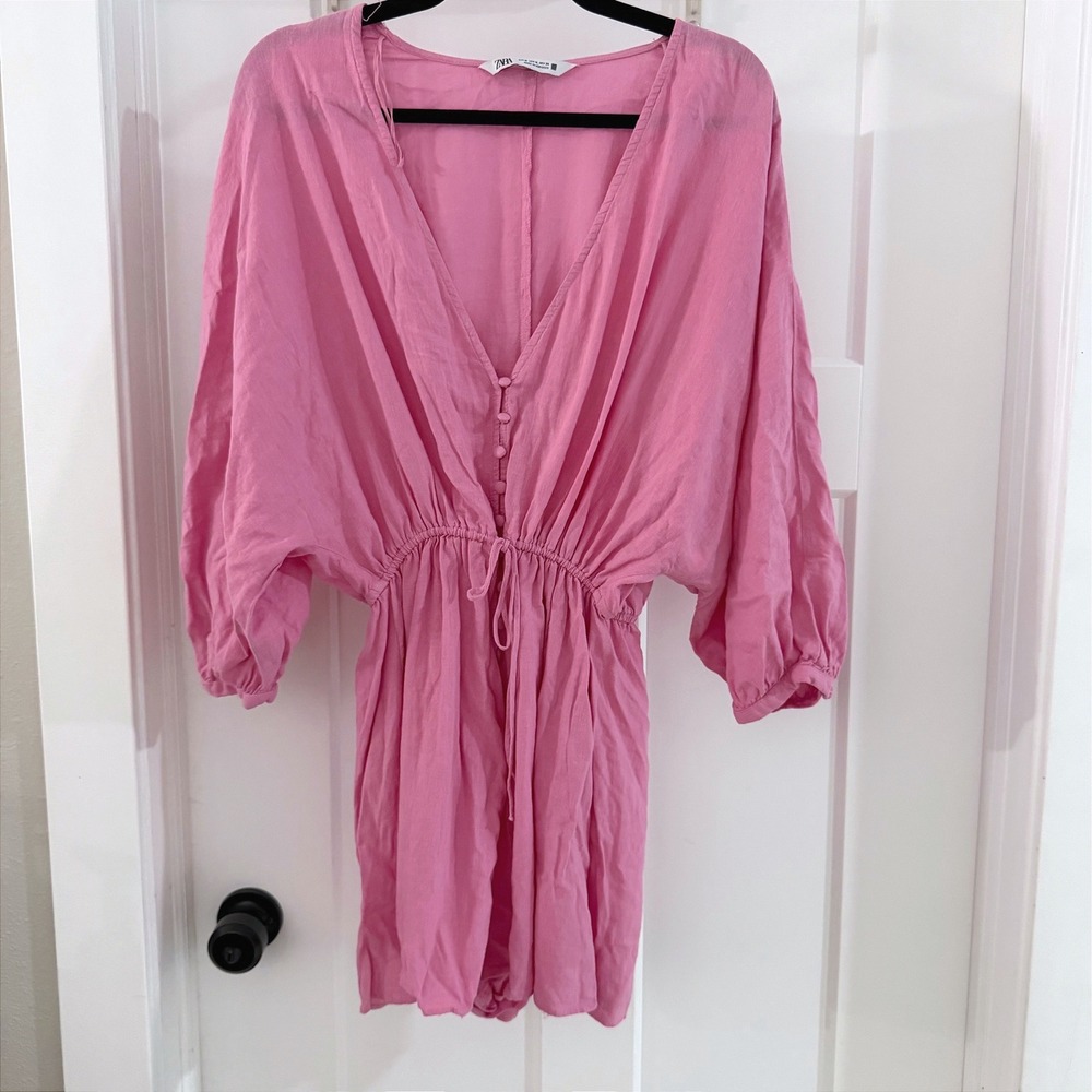 ZARA Pink Linen Blend Slouchy Romper Puff Sleeve Button Front Playsuit M Barbie